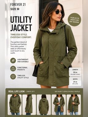 Forever 21 Womens Olive Green Utility Anorak Jacket Hooded Drawstring Medium